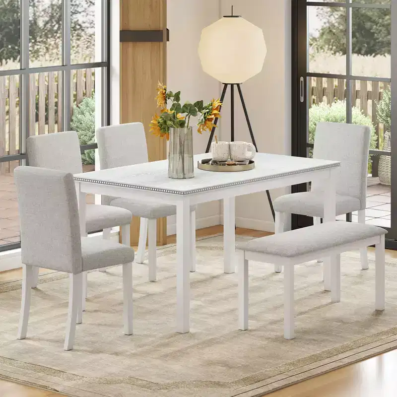 Zevemomo 6-Piece Solid Wood Dining Table Set,Including 1 Dining Table,4 Upholstered Chairs and 1 Bench,for Kitchen, Dining Room,White Diamond