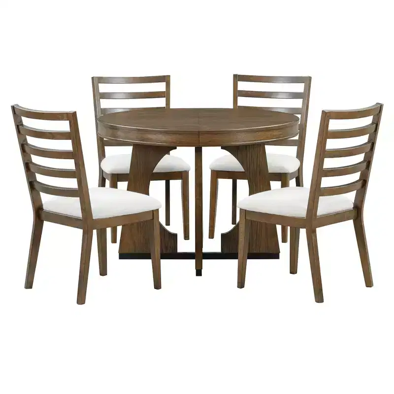 Whisen 5-Piece Retro Rustic Functional Dining Set with 1 Extendable Table and 4 Upholstered Chairs