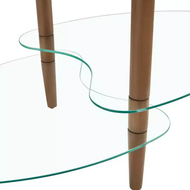 Oval 3-Tier Glass Coffee Table with Oak Legs, Modern Tempered Glass Center Table for Living Room