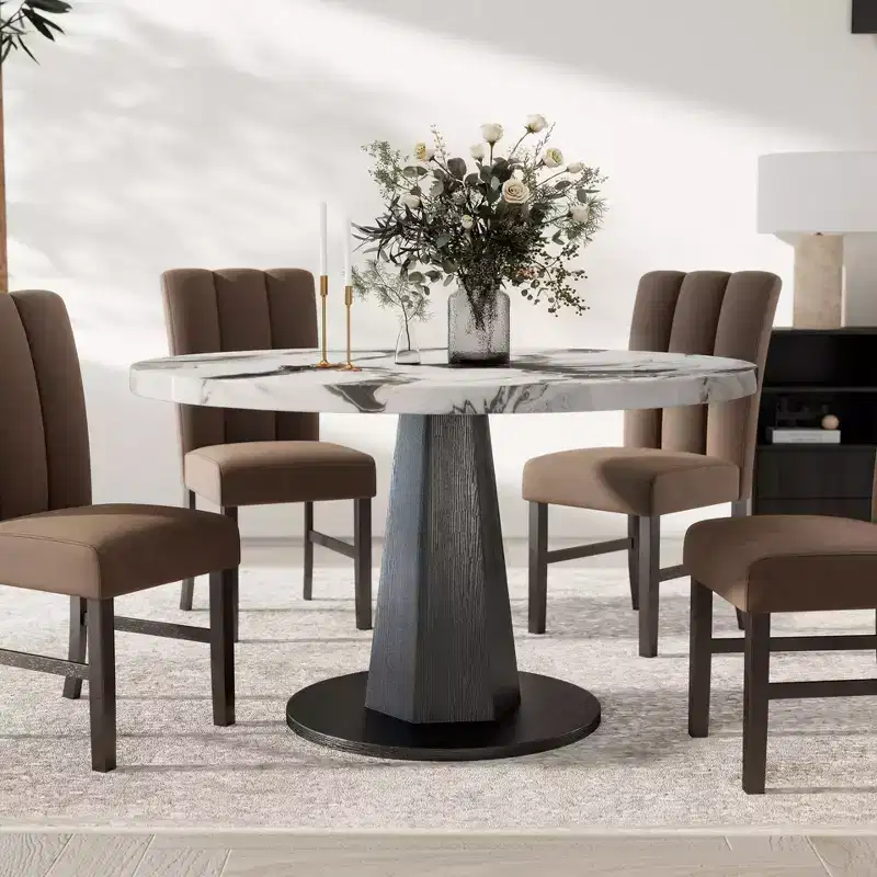 Modern Faux Marble Round Dining Table with Pedestal Base, Seats 4, 47.5 in