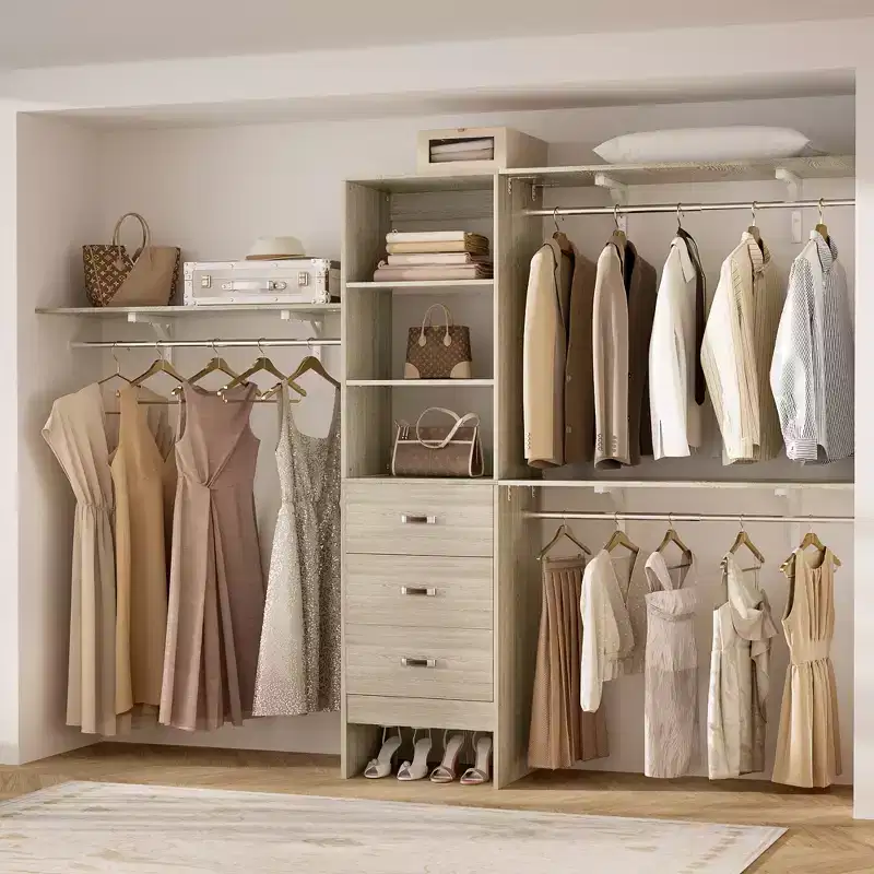 120-In Closet Organizer System with Wood Drawers, DIY Wardrobe with Hanging Rods and Storage Shelves