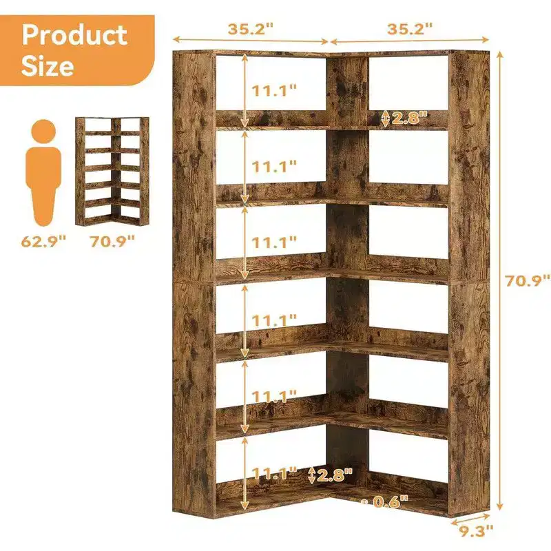 Coolmee 6 Tier Industrial Corner Bookshelf, L Shaped Bookcase with Baffles and Shelves, Large Storage Display Unit for Living Room, Home Office