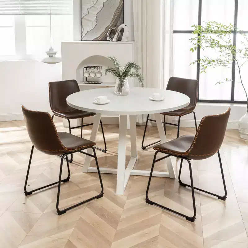 Roundhill Furniture Varna Round Dining Set, Trestle Dining Table with 4 Stylish Chairs, 5-Piece
