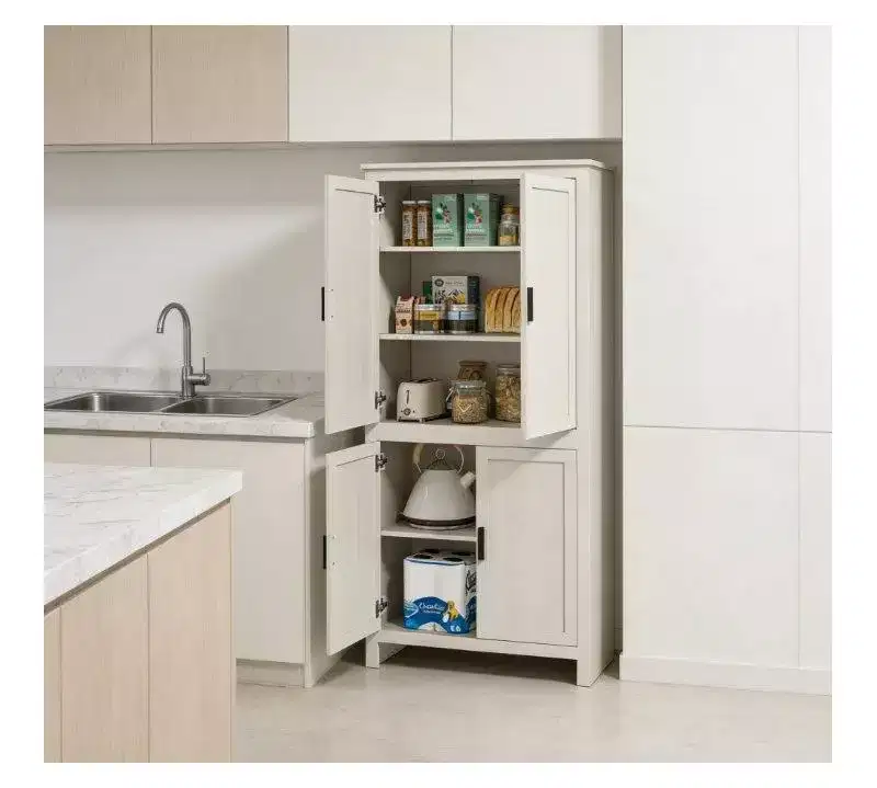 Okak Farmhouse Freestanding Kitchen Pantry Cabinet with 4 Doors & Adjustable Shelves,Storage Cabinet Bookcase for Living Room,Kitchen