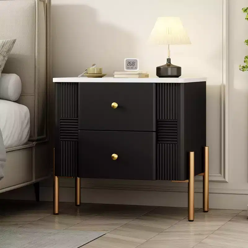 Modern Minimalist Nightstand with 2 Drawers, Gold Handles & Textured Design
