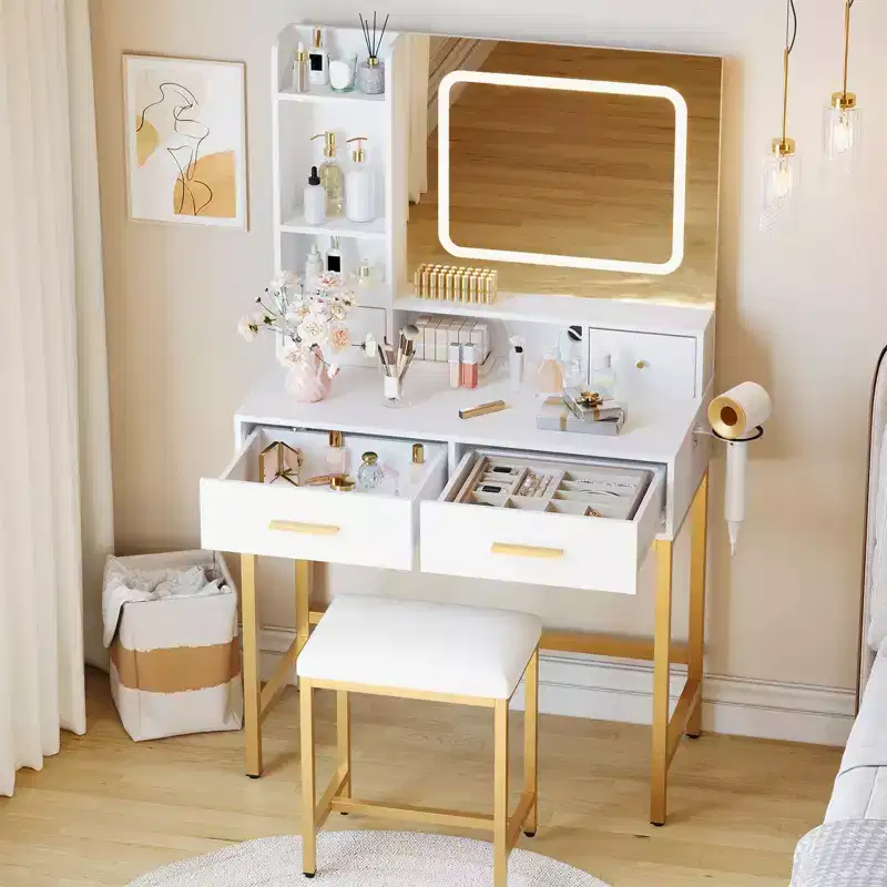 Makeup Vanity Desk with Mirror and Lights, 4 Drawers, 2 Shelves, Built-in Charging Station, Vanity Table with Stool, 3 Lighting Modes