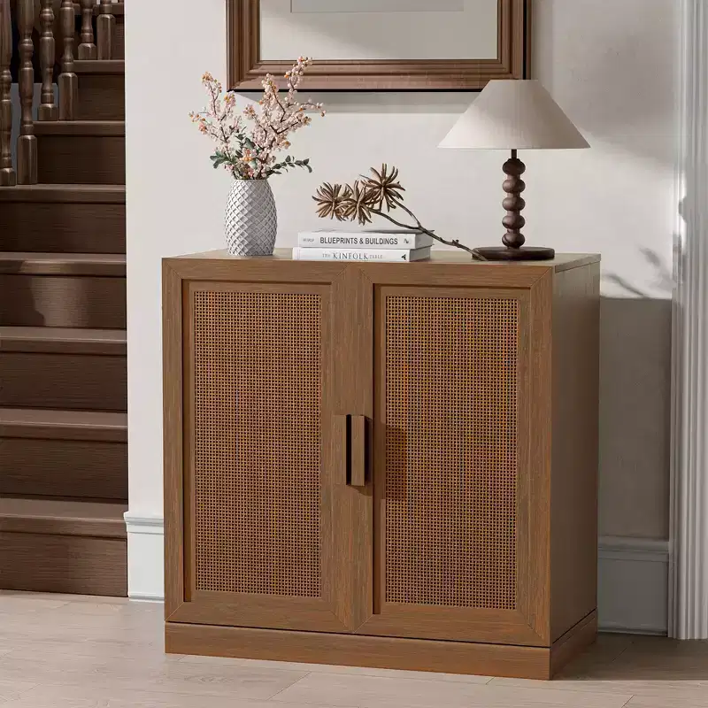 Light Walnut Rattan Door Storage Cabinet, 2 Shelves, 1-Person