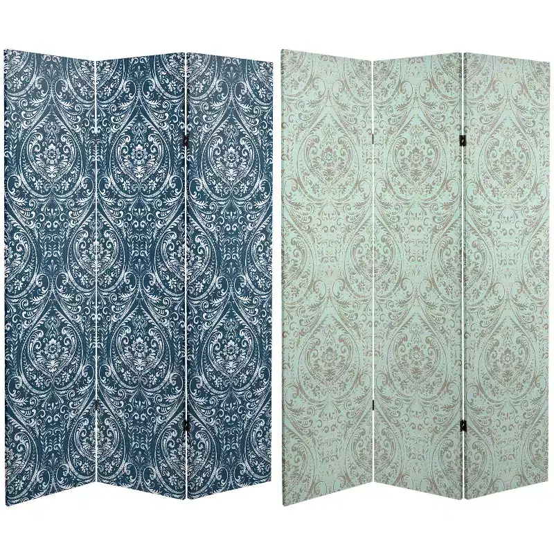 6" Double Sided Ocean Damask Canvas Room Divider Blue - Oriental Furniture: No Assembly, 3 Panels