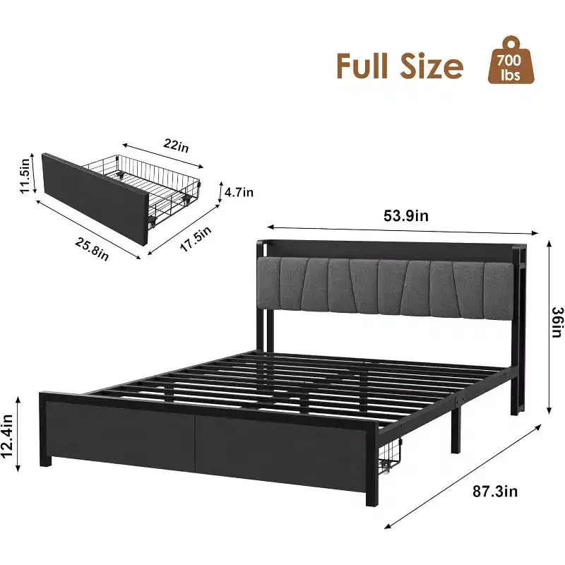 Full Size Bed Frame with Storage Drawers, Platform Bed with Upholstered Headboard, Metal Slats Support, No Box Spring Needed Black