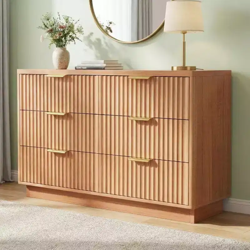 6 Drawer Dresser for Bedroom, 47 Fluted Chest of Drawers for Bedroom, Compact Wood Dresser with Golden Metal Handles for Living Room
