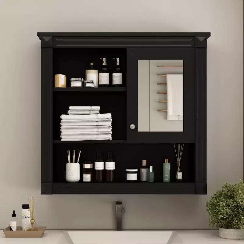 FAMYYT 32 in. W x 28 in. H Rectangular MDF Medicine Cabinet with Mirror, 5 Removable Shelves, Soft-closing Hinges