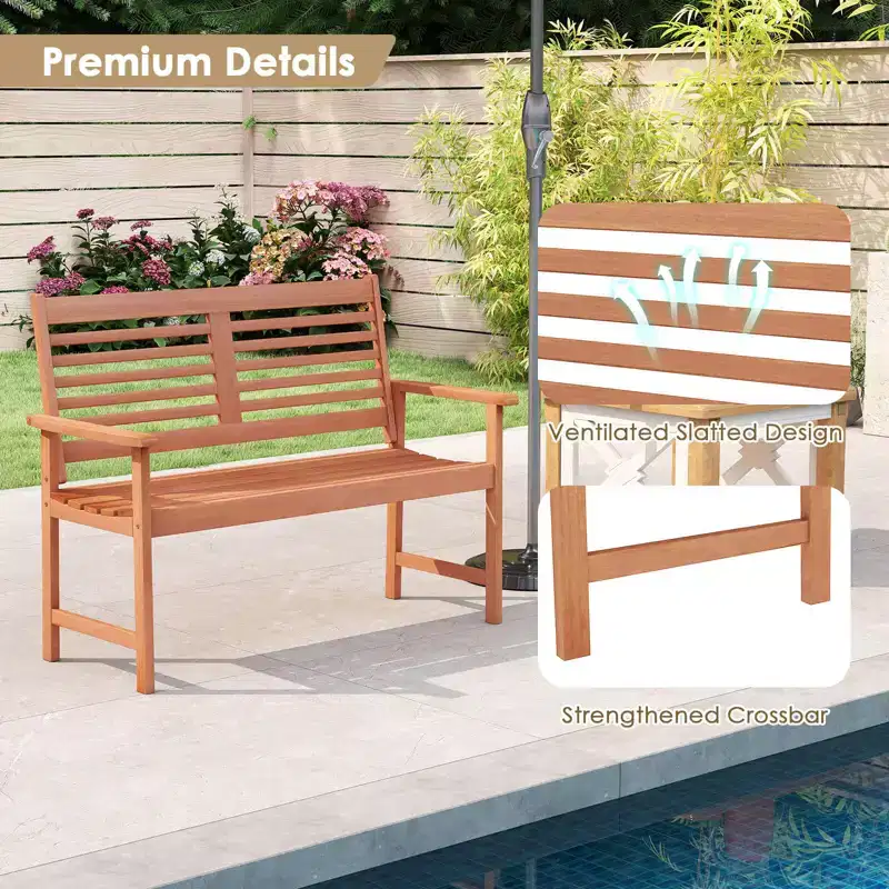 Costway Patio Solid Wood Loveseat with Inclined Backrest & Slatted Seat Teak Painting