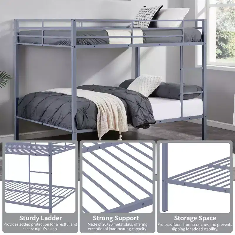 Full Over Full Bunk Bed, Heavy Duty Metal Bunk Bed Frame,No Boxspring Required, For Small Spaces,Gray