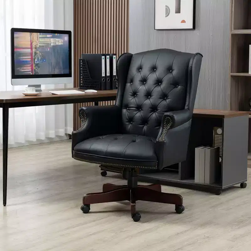 Executive Office Chair with Wood Color Base, Comfy Chair with Padding Back and Armrest, Criss Cross Chair for Office, Study