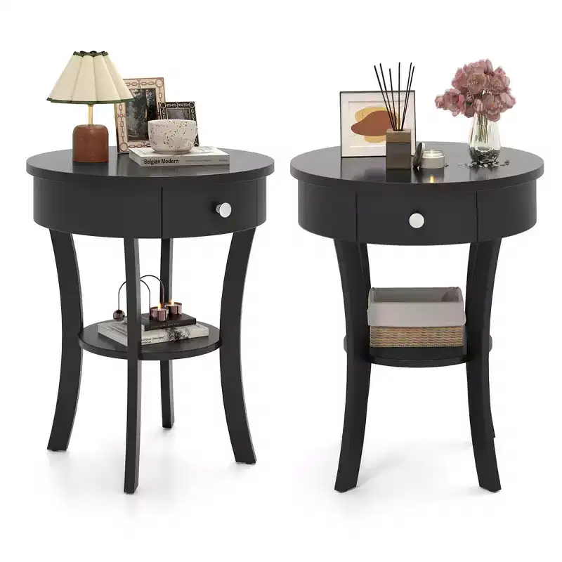 tier Side End Sofa Table Round Nightstand Bedroom Living Room White/Espresso/Black