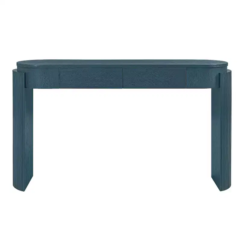 Console Table with Natural Wood Grain Finish, Oval Top and 2 Drawers for Entryway and Living Room, Navy