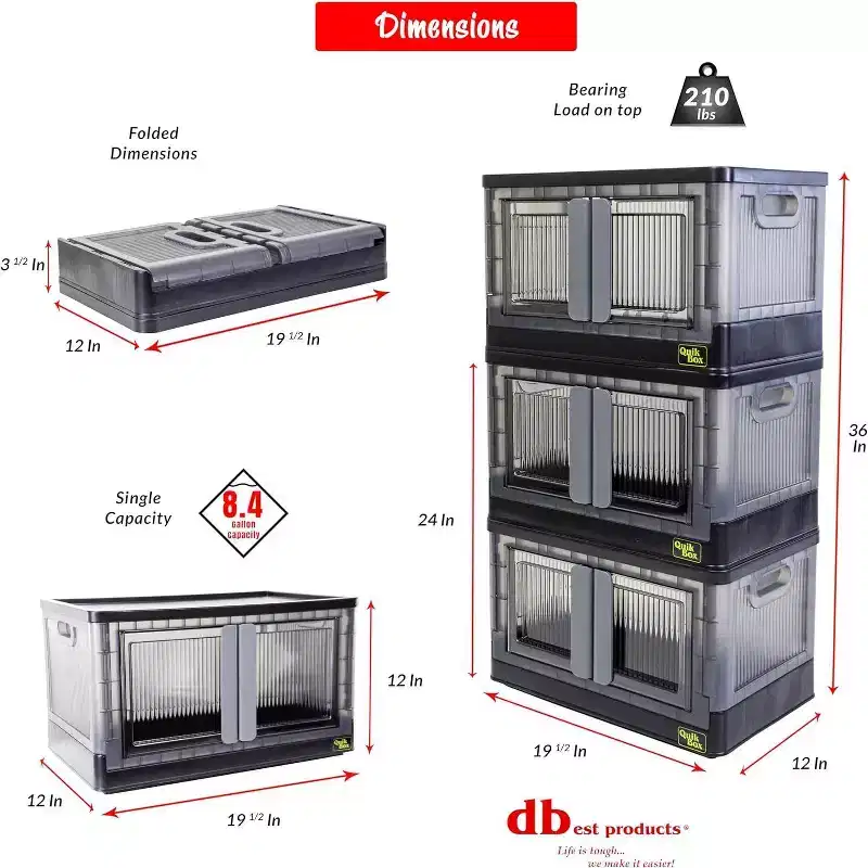 8.4 Gal Collapsible Storage Bin with Doors, Stackable, Wheeled, Foldable Plastic Organizer, 19.5