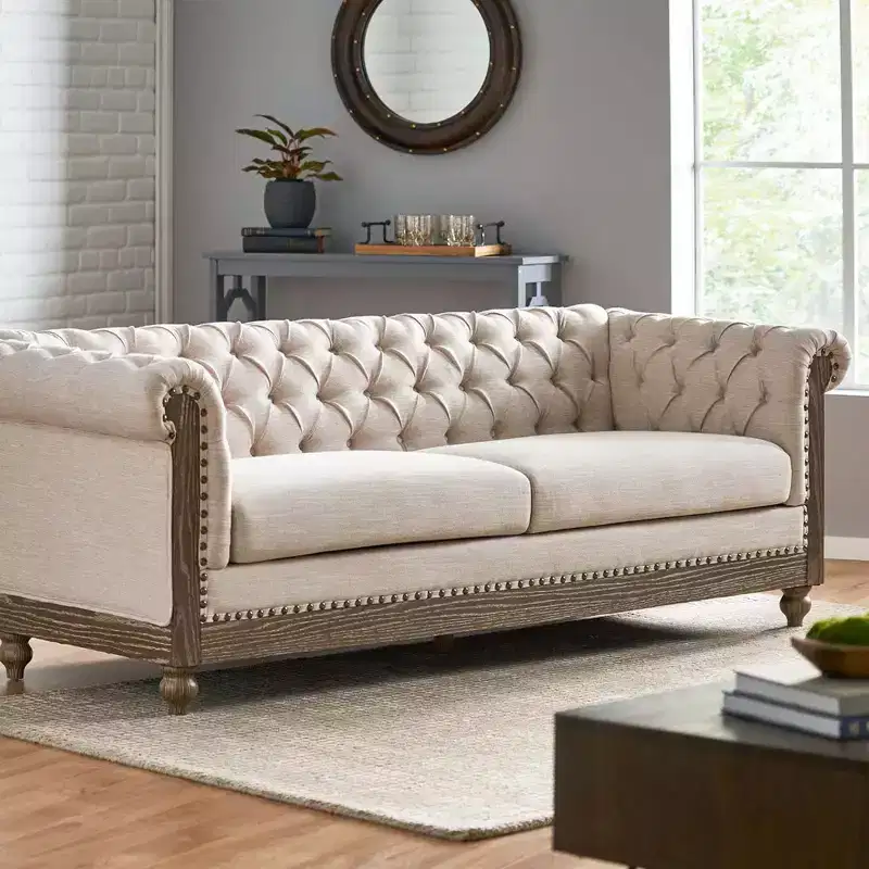 79W 3-Seat Sofa Couch, Retro Wooden Upholstered Tufted Sofa