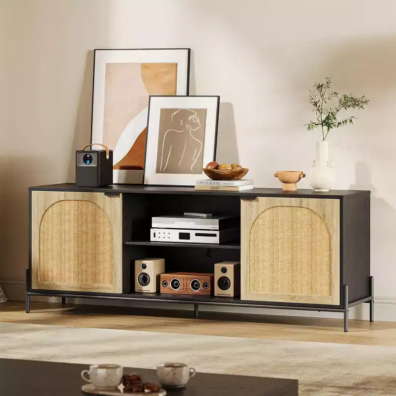 GustoWave 65 Media Console Cabinet, Rattan TV Stand with 2 Doors & Open Shelves for 60-75 Inch TVs