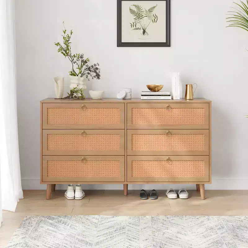 JVNOXK 51-inch Rattan Double Dressing Table with Six Drawers, Five-Drawer Chest, Modern Style Chest of Drawers, Fixed Back Panel, Wood-Tone Finish