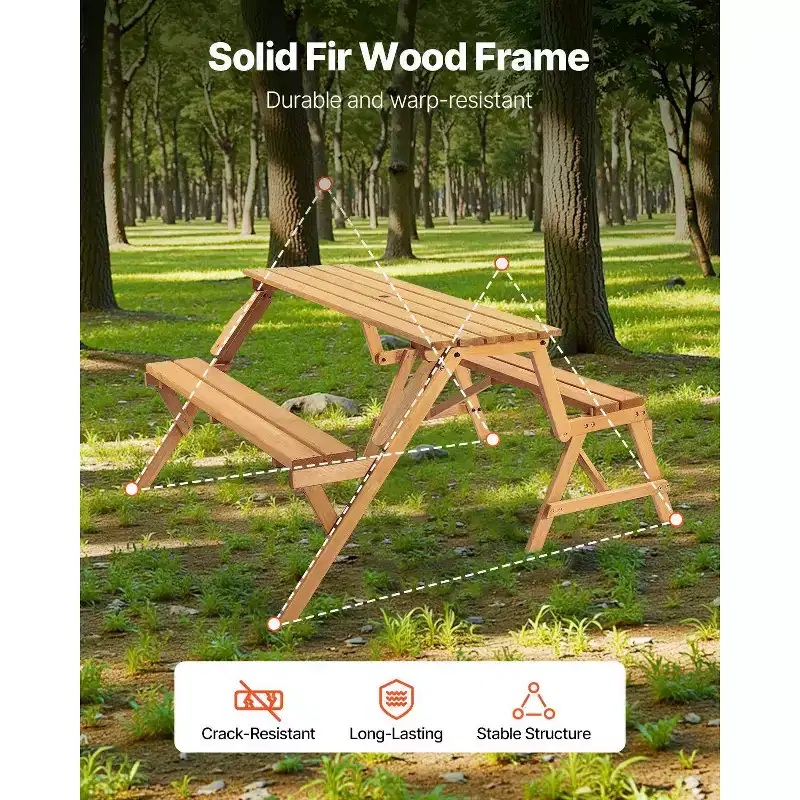 2-in-1 Transforming Picnic Table, Outdoor Wooden Table and Bench Set with Umbrella Hole, Foldable Patio Dining Furniture for Garden, Backyard, Porch