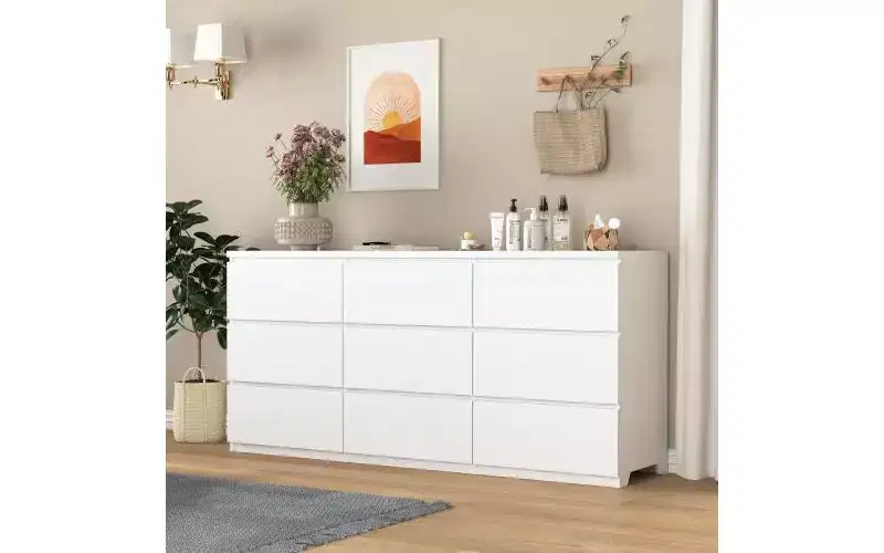 JVNOXK 63-inch Spacious Modern Handle-Free Nine-Drawer Cabinet; Wooden Storage Cabinet, Suitable for Living Room or Bedroom, White