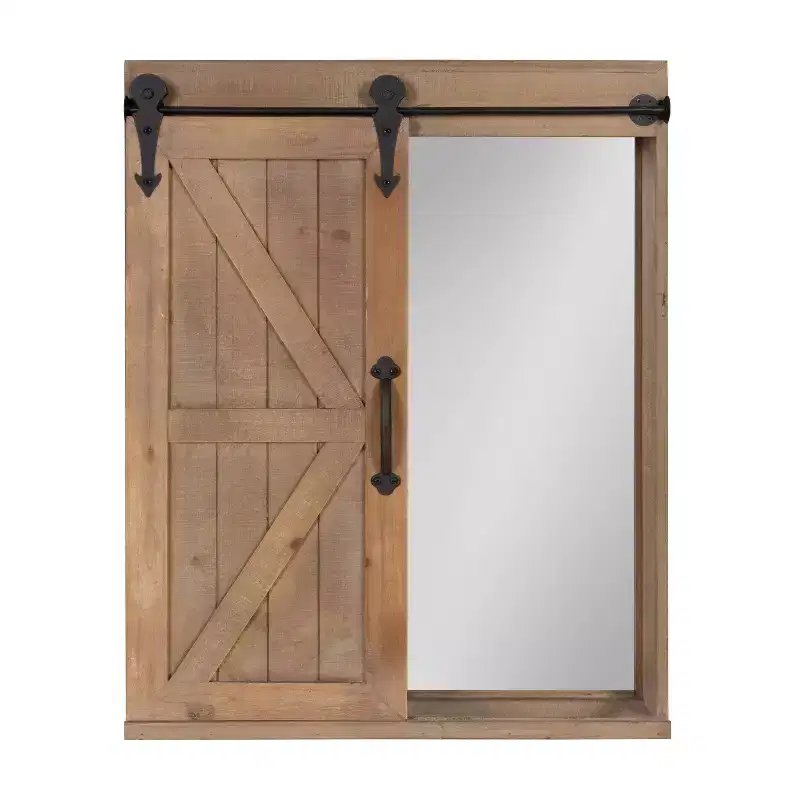 Decorative Wood Wall Storage Cabinet with Vanity Mirror and Sliding Barn Door, Rustic