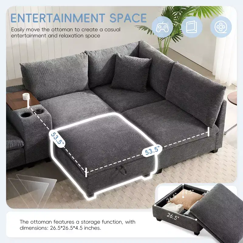 Modern Chenille 4-seat Sectional Sofa with Ottoman, L-Shaped Cloud Couch Set with Throw Pillows