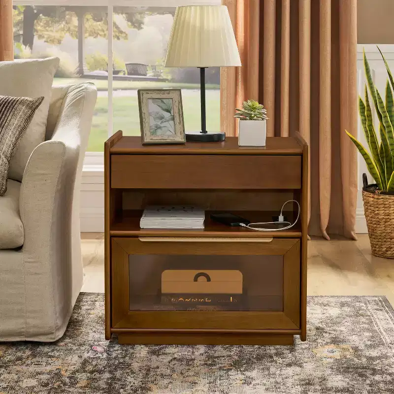 Open Shelving and Glass Drawer Dressing Table with Charging Dock, Socket, and 2 Drawers; Living Room/Reception Room/Dormitory Side Cabinet.