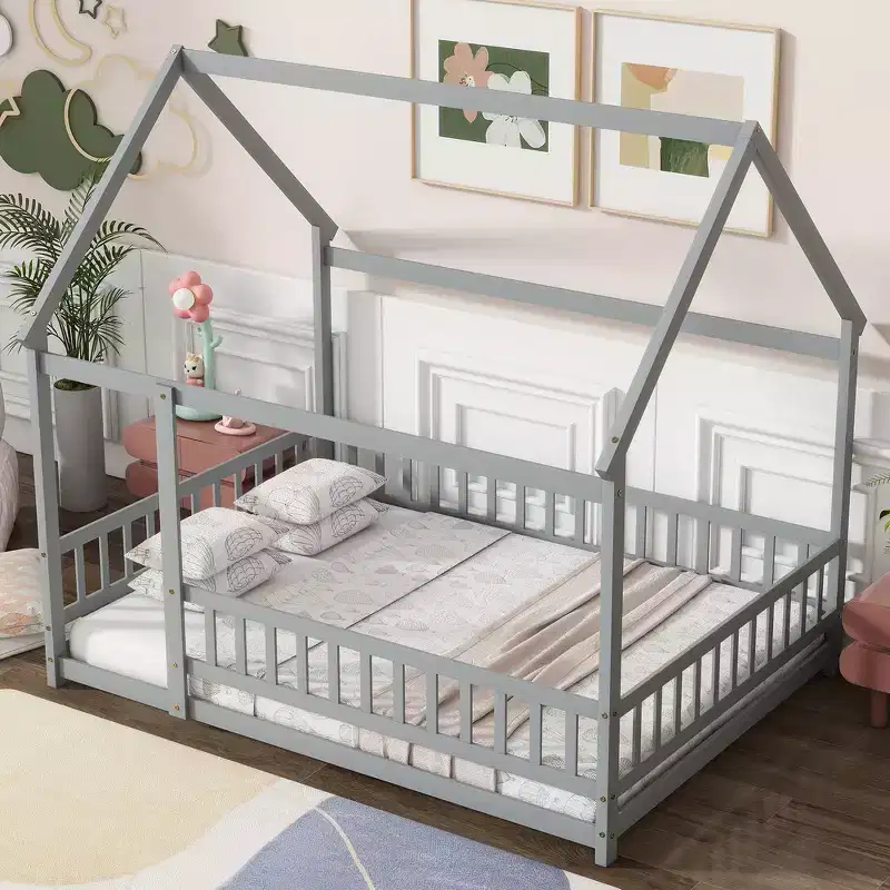 Full Size Floor Bed with Wooden House Frame and Fence Design for Safe & Imaginative Sleep Spaces for Children