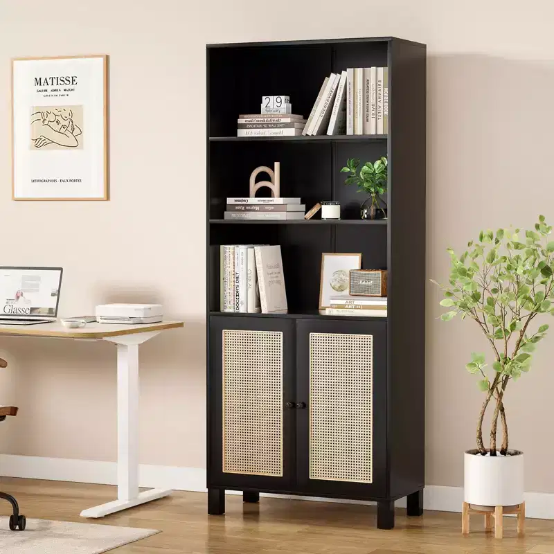 Tall 5-Tier Bookcase with Rattan Doors, Wood Storage Shelves for Library Living Room Bedroom Home Office