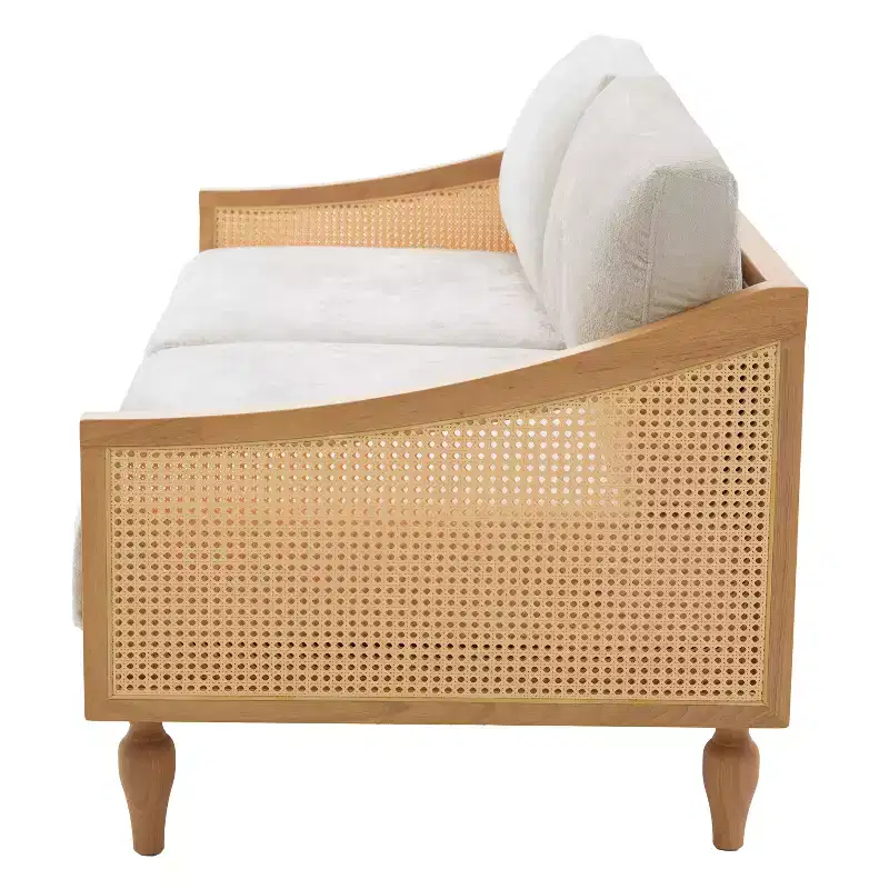 Christopher Knight Home Sachiko 70.9 Mid-Century Modern 2-Seater Rubberwood Chenille Upholstered Sofa with Rattan Armrests