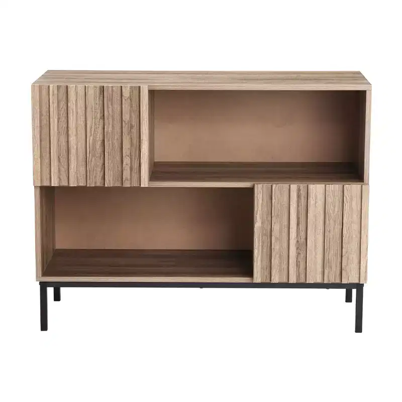 Farmhouse Entryway Table, Stylish Buffet Storage Cabinet with Display Shelf and Metal Legs, for Living Room, Hallway, Black+Oak