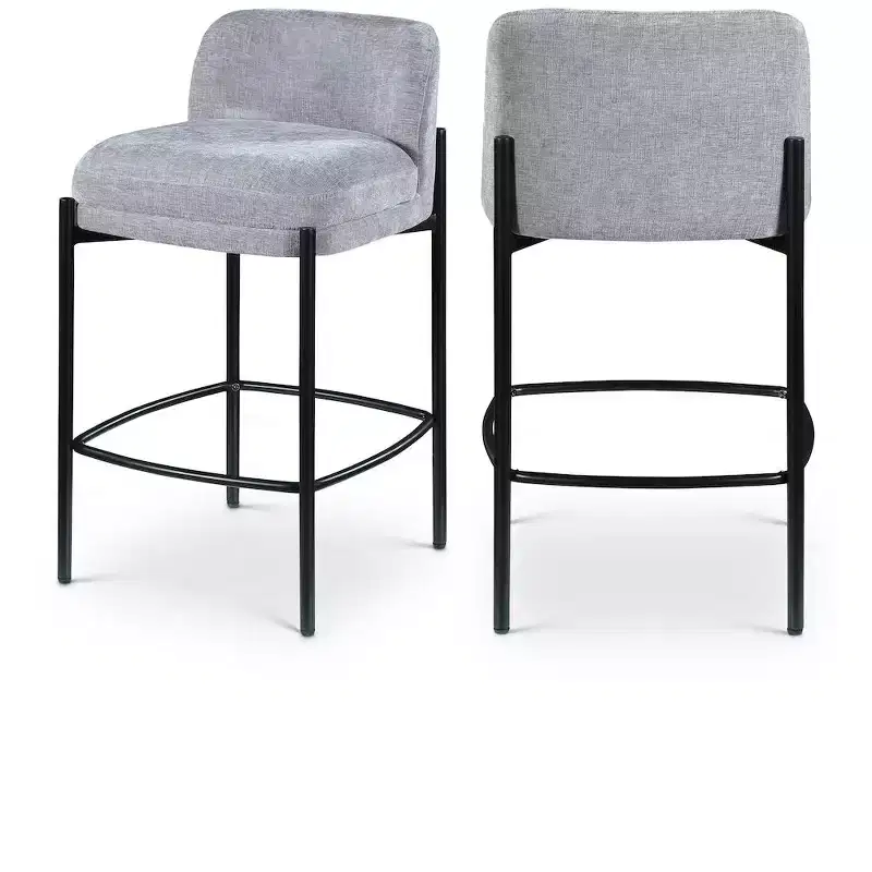 Meridian Furniture,Burton Grey Chenille Fabric Stool, Set of 2