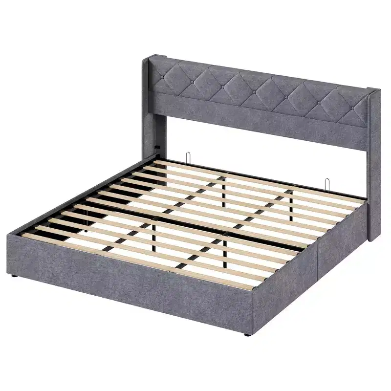 JIONJOY Grey Upholstered Storage Bed Frame, Heavy Duty, Underbed Storage, Noise-Free, Solid Wood, No Box Spring Needed, Easy Assembly - King