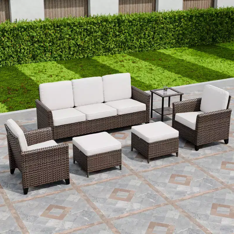EAGLE PEAK Ocean Vista 6 piece Patio Variated Brown Wicker Conversation Set Dining Chairs, Loveseat