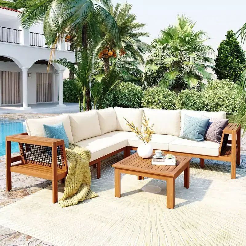 ModernLuxe 4pcs Outdoor L-Shaped Sofa Set, Acacia Wood Patio Conversation Set, Woven Rope Armrests with Coffee Table