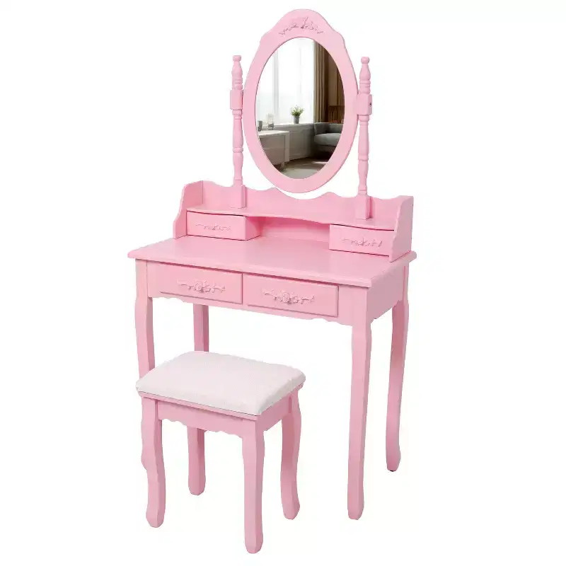 Modern Makeup Vanity Desk with Mirror, 4 Drawers, Matching Stool for Girls' Rooms, Pink Finish, Space-Saving Design