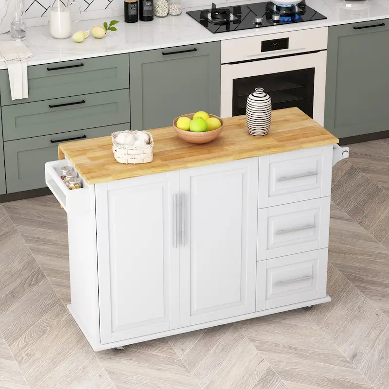 Black / White Rolling Kitchen Island Cart with Drawers & Cabinet – Seats 1