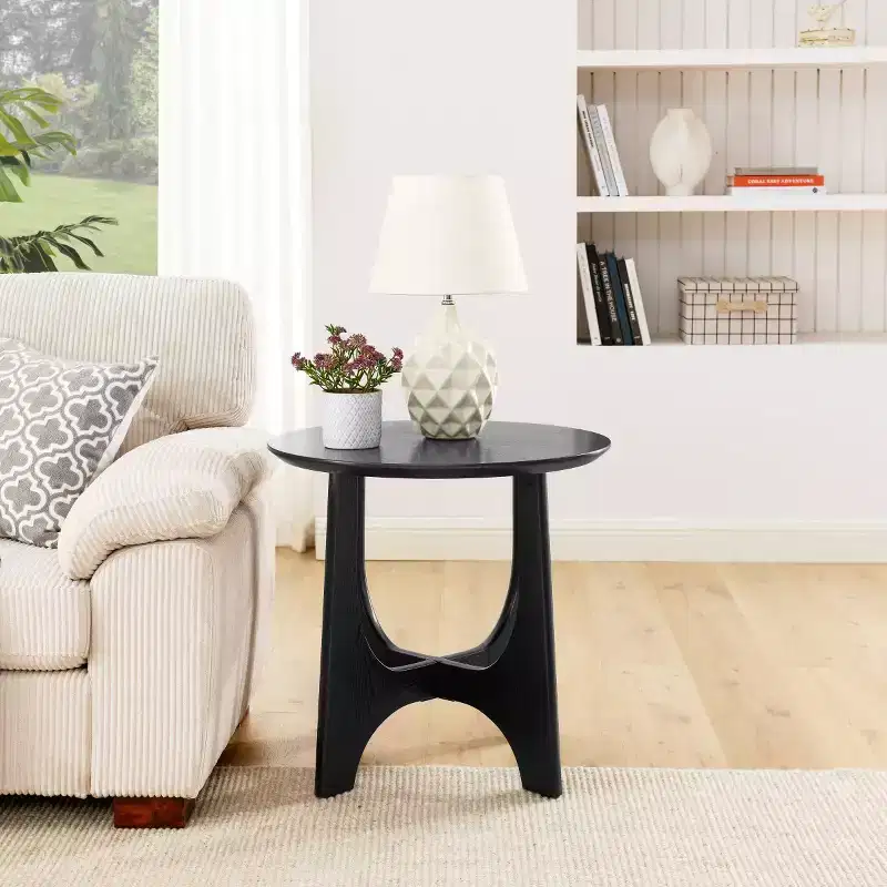 25 Modern Round End Table with Woodgrain Finish, Cross-Leg Accent Side Table for Living Room or Small Spaces-Panipeachy