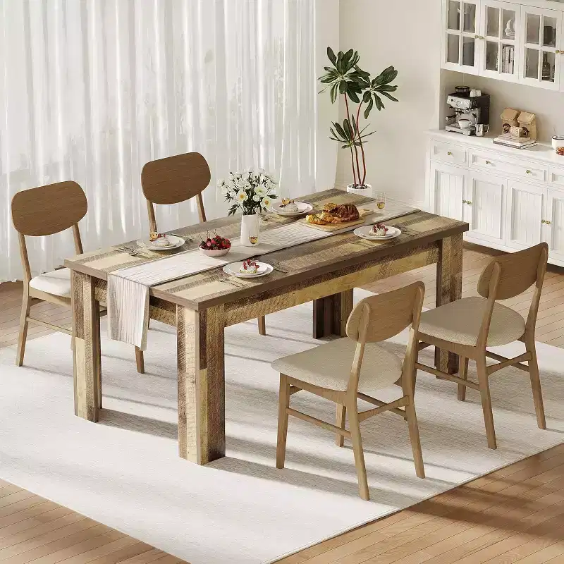 Rustic Rectangular Dining Table for 4-8  63/71 Large Farmhouse Kitchen & Dining Table, Reinforced Triangle Legs, Wooden Tabletop for Apartments