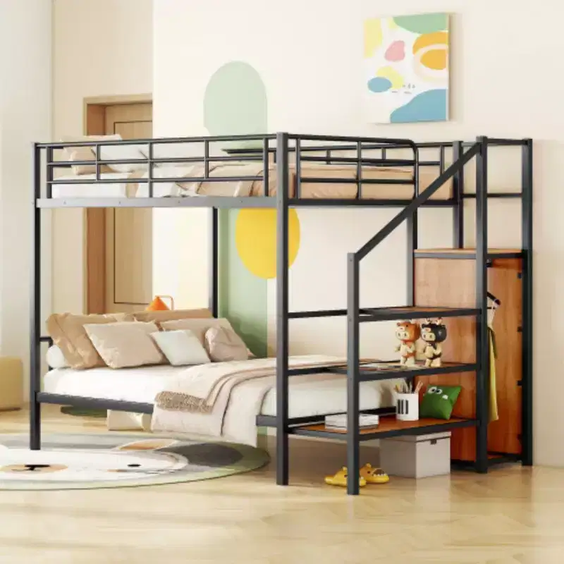 Full Over Full Metal Bunk Bed with Lateral Storage Ladder and Wardrobe — Black