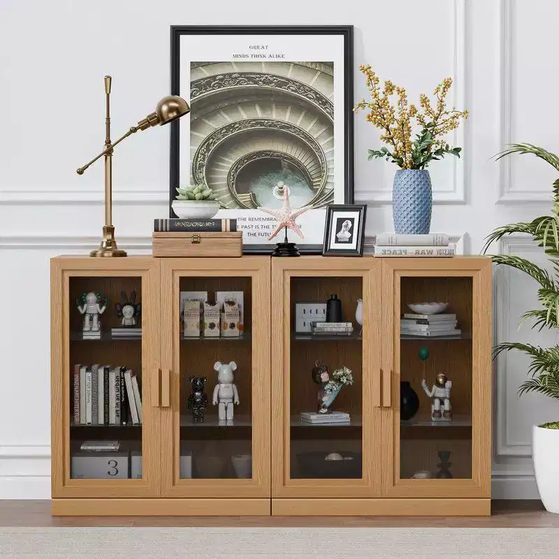 PexFix 62 W x 36 H Large Sideboard Buffet Cabinet with 4 Glass Doors 2 Adjustable Shelves for Kitchen Living/Dinning Room Bedroom Entryway Natural