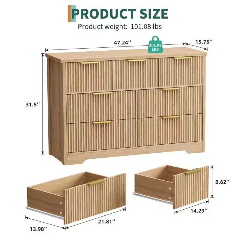 Fluted Dresser for Bedroom with 7 Drawers, 47.24 Modern Dressers for Bedroom