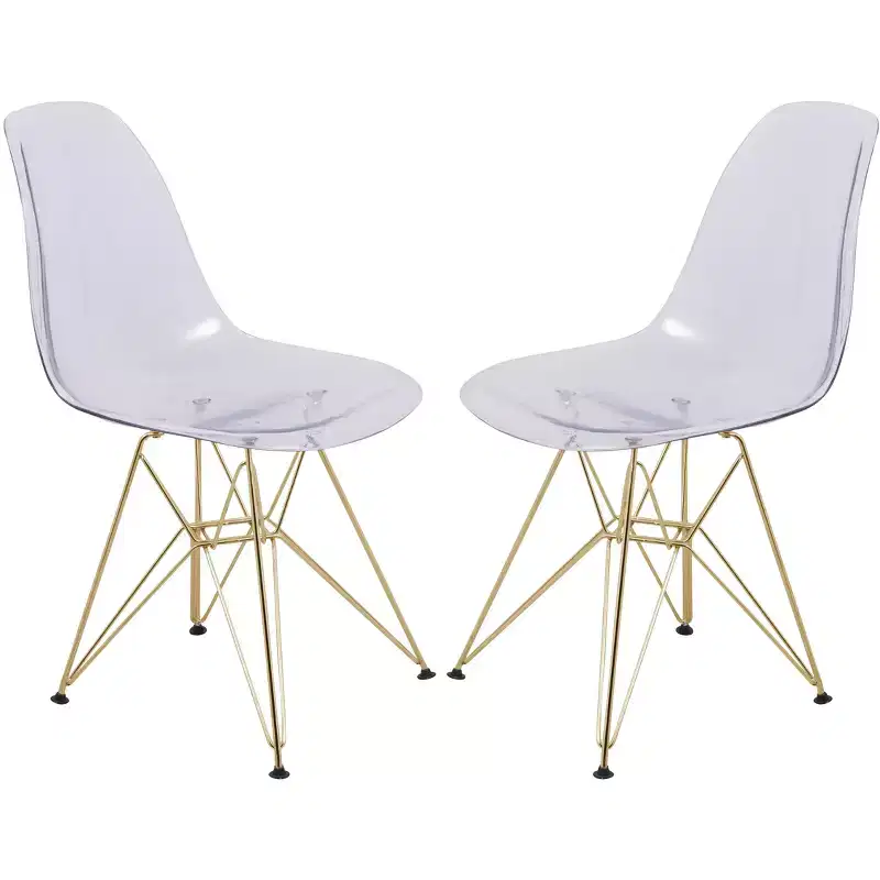LeisureMod Cresco Modern Acrylic Dining Chairs (Set of 2)  Eiffel Gold Chrome Base, Stylish Accent Chairs for Contemporary Dining Rooms & Kitchens