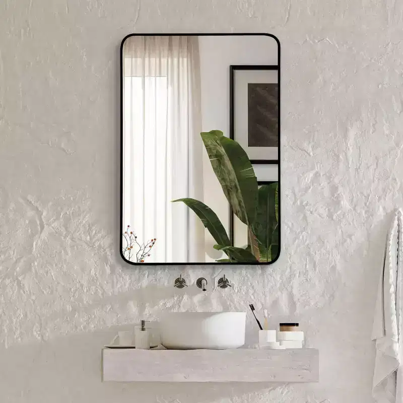 Okak Rectangle Bathroom Mirror with Aluminum Frame, Vanity Mirror with Arched Corned, Wall Mirror for Living Room, Bathroom