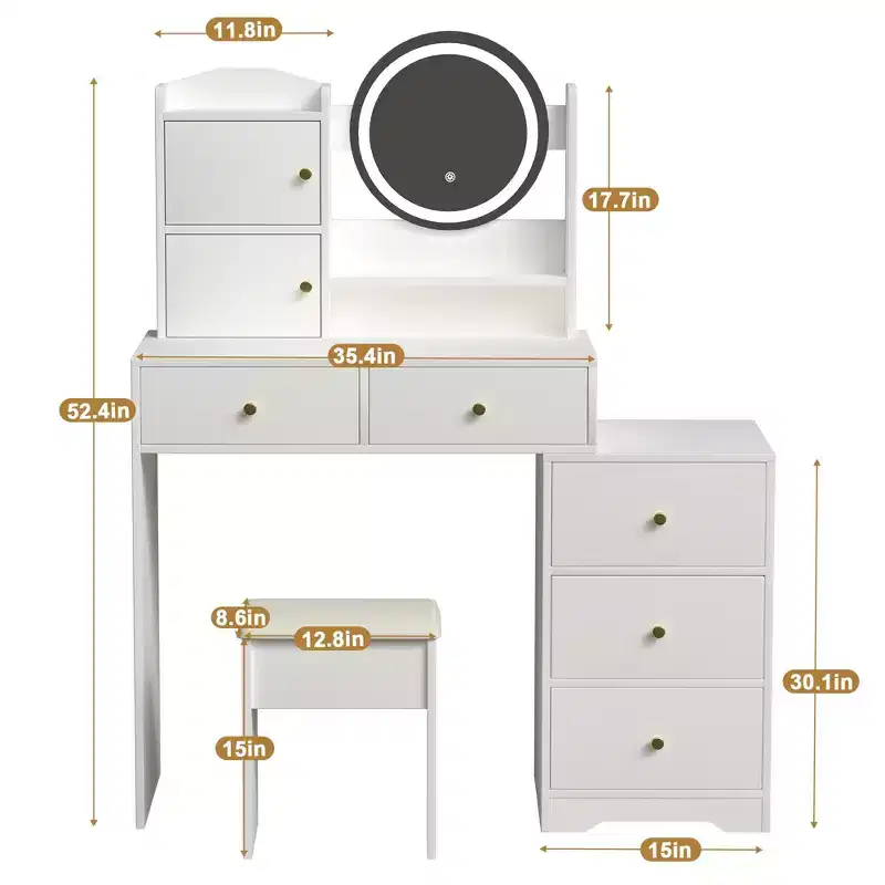 Okak Vanity Table with Right Drawers and Lights for Makeup and Cushioned Chair,Vanity Desk with Lights and Table Set with 3 Color Lighting,White