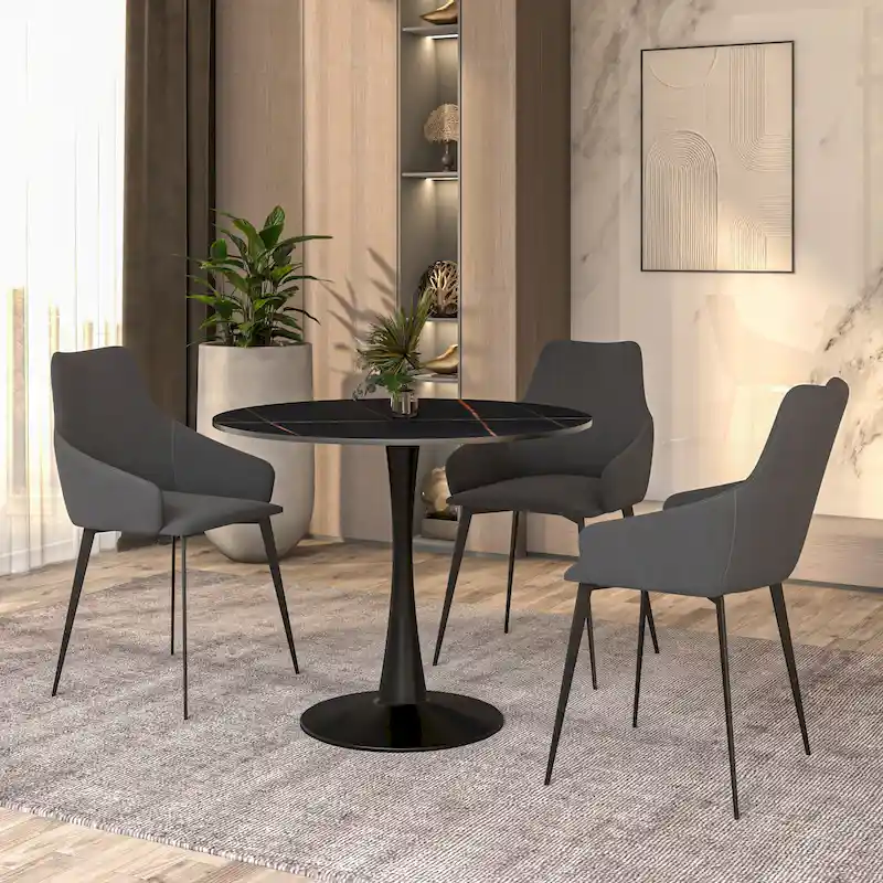 35in Round Dining Table with Sintered Stone Tabletop, Black Steel Pedestal Base, Scratch-Resistant