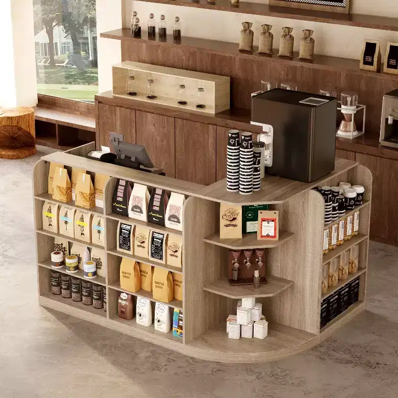 Light Wood Retail Cash Register & Reception Counter with Display Shelves