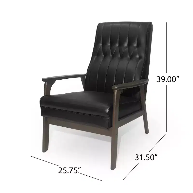 Mid Century Faux Leather Upholstered Accent Chair, Modern High Back Armchair, Leisure Wood Club Chair